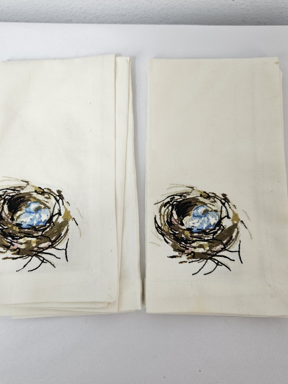 Pottery Barn Embroidered Bird Nest Tea Napkins- Cream with Blue Accent Set Of 2